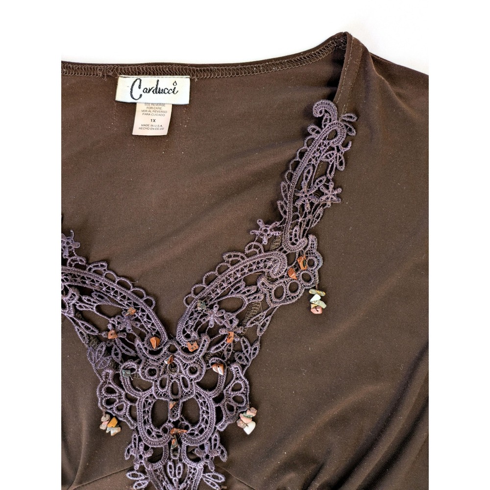 Carducci Brown Crochet Lace V-Neck Top Stone Beads 3/4 Sleeve Plus Size 1X USA
